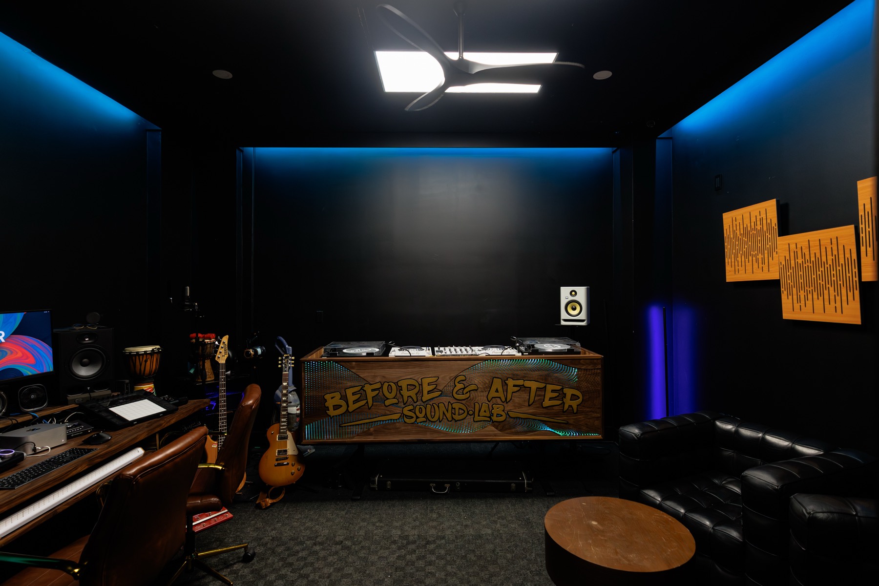 The room, production desk on the left and the DJ booth in the centre